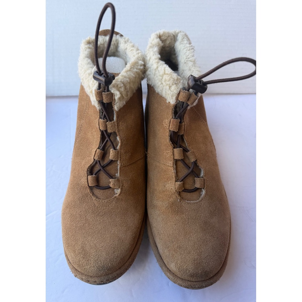 Lands End‎ Women's Suede Ankle Boots Tan Brown Sz 9B Sherpa Lining Stylish Warm